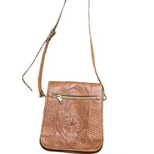 Hand Crafted Tan Leather Floral Cross Body Bag